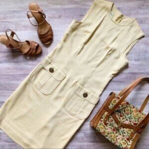 Vintage 1960s Golden Sleeveless Sheath Dress with Pockets & Contrast Stitching